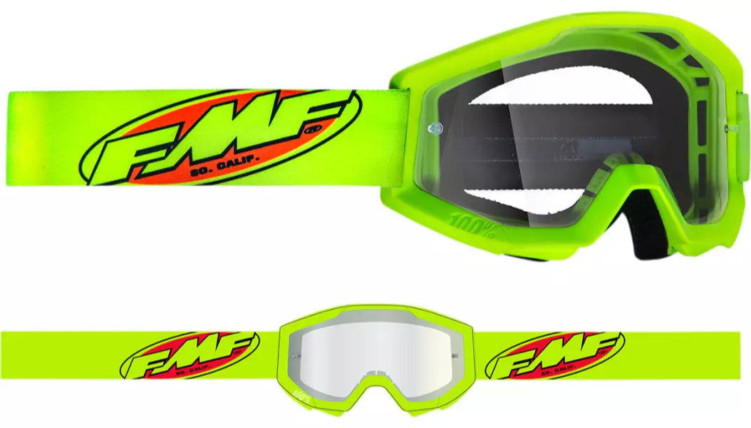 FMF 100% Powercore youth Goggles Flo Yellow Frame Clear lens MX ATV